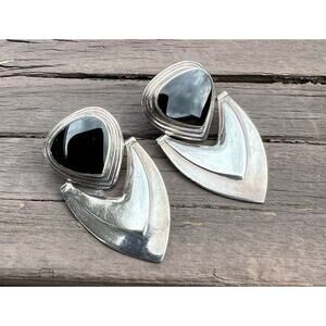 Vintage Modernist 925 Sterling Silver Black Onyx Statement Earrings AF